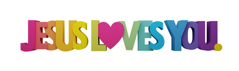 3D render of JESUS LOVES YOU colorful typography with pink heart on transparent background
