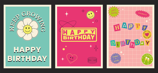 Happy Birthday retro trendy greeting card set. Y2K poster, card, banner.