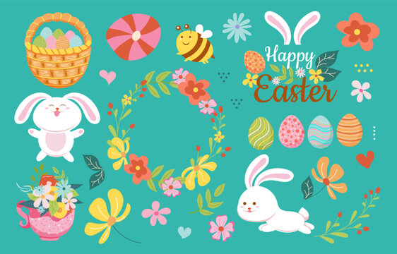 Vector Easter illustration with rabbits eggs basket banner bee flowers wreath doodle. set of holiday stickers is isolated design element. Vector image.
