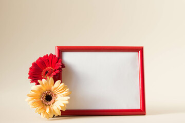 Empty photo frame with red and yellow gerbera daisy flowers on pastel beige background.  Picture frame mockup with flowers, copy space.