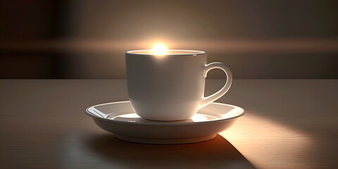 White cup of coffee or tea in front of sunset sea horizon. Evening sun in a cup hot drink outdoor cafe. Wooden restaurant table mug with light shadow