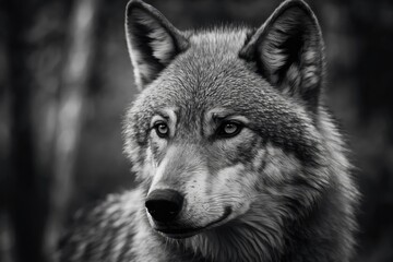 A close up black and white picture of a female grey wolf. Square image. The animals in the forest are both beautiful and dangerous. Generative AI