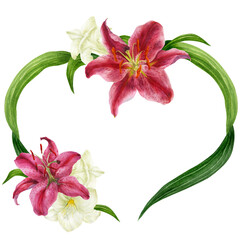 Tropical heart wreath with stargazer lily and white freesia, watercolor
