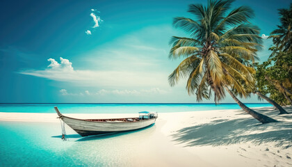 Fototapeta na wymiar Bungalow on an amazing tropical island with coconut palm trees, white sand beach and chrystal clear ocean. Generative AI