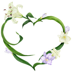 Tropical heart wreath with white lily and violet freesia, watercolor