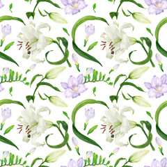White lilies and violet  freesias watercolor seamless pattern