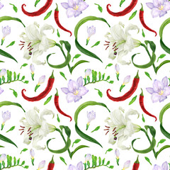 Lilies and freesias and chili peppers watercolor seamless pattern