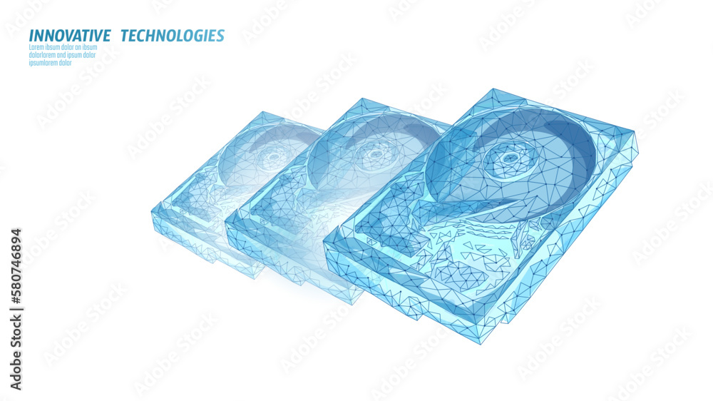 Poster hdd hard disk drive file hardware. 3d low poly information storage record system it technology compu