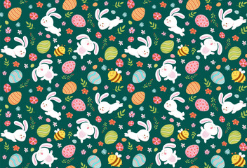 Seamless Easter pattern of rabbits, meadow flowers and eggs, hand-drawn. Vector background flat style. Design for printing, fabric, textiles, cover, poster, flyer, postcard. 