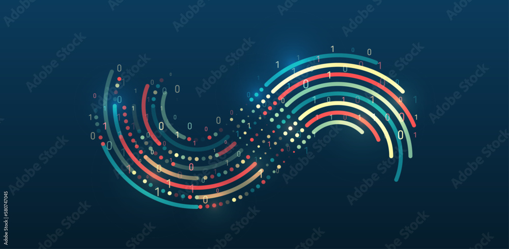 Poster Visualization of a large amount of data. Abstract transformation of information. Processing sorting data fragmentation. Business analytics. The flow of information in the form of waves and particles.