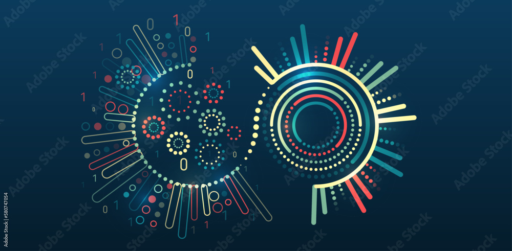 Poster Business analytics. The flow of information in the form of waves and particles. Visualization of a large amount of data. Abstract transformation of information. Processing sorting data fragmentation.