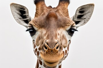 Close up shot of a giraffe's head on a white background. Generative AI