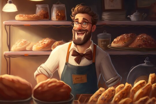 Portrait Illustration of cartoonish diverse small business onwers inside their store - Created with generative ai Technology
