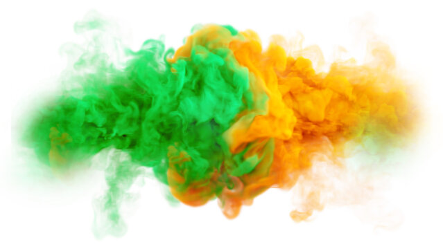 Green and Orange colores smoke texture on a dark background. Irish duo colors. 3D render abstract art for Saint Patricks Day or other fan party