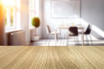Wooden empty desk on kitchen interior.