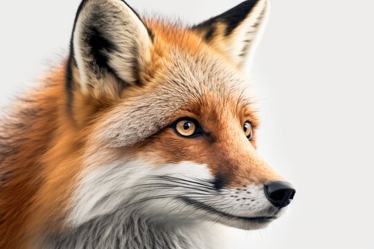Close up picture of a red fox on a white background. Generative AI