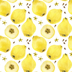 Fresh yellow quince fruits, watercolor seamless pattern