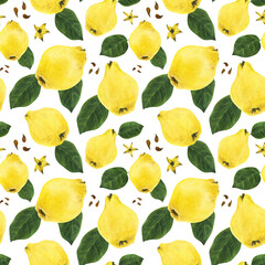 Yellow quince fruits and green leaves watercolor seamless pattern