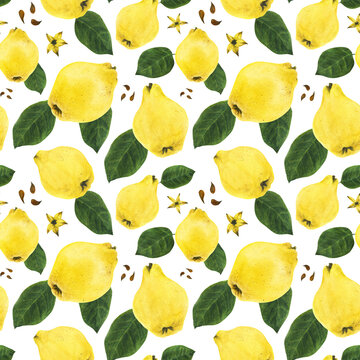 Yellow quince fruits and green leaves watercolor seamless pattern