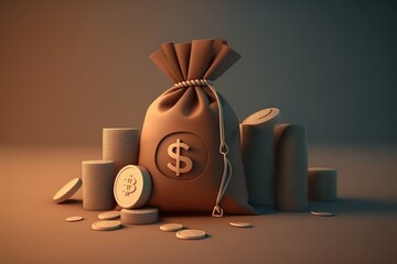 3D Money concept. money bag, dollar symbol on money bag, coins stack, banknotes. AI generated