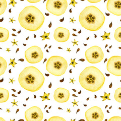 Yellow quince half-fruits, watercolor seamless pattern