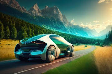 Plakat EV (Electric Vehicle) electric car is driving on a winding road that runs through a verdant forest and mountains. Clean Energy, Nature Scene, AI generated