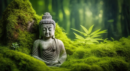 Buddha statue in the forest. Copy space. Based on Generative AI
