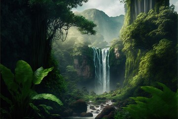 Beautiful waterfall, magnificent mountains and lots of greenery AI