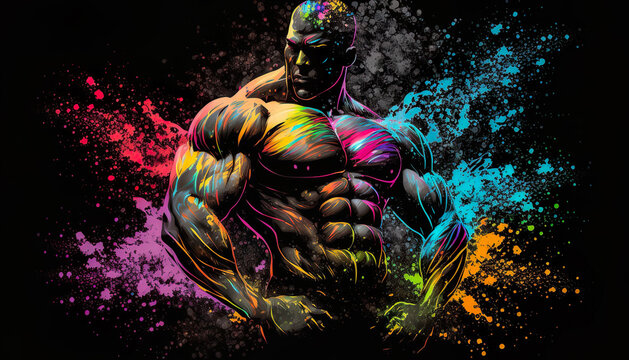 Watercolor Bodybuilder Colorful Splash On Black Background - Generative AI