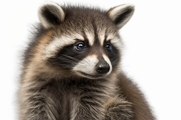 Obraz premium Cute, adorable raccoon in close up pose, isolated on white background. Generative AI