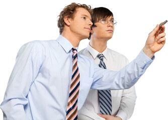 Couple scientists man drawing on a virtual screen