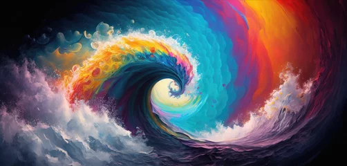 Photo sur Plexiglas Mélange de couleurs Turbulent ocean waves vortex, surreal whirlpool swirl. sea foam, unreal rainbow colors, gale force surf, portal rift pattern - Generative AI illustration