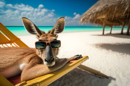 A kangaroo in sunglasses resting on a sun lounger on the beach. Generative AI.
