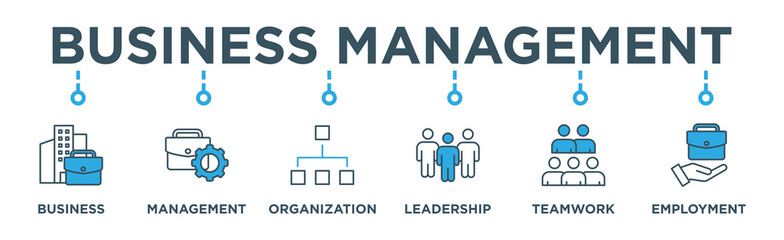 Business management banner web icon vector illustration concept with icon of business, management, organization, leadership, teamwork and employment