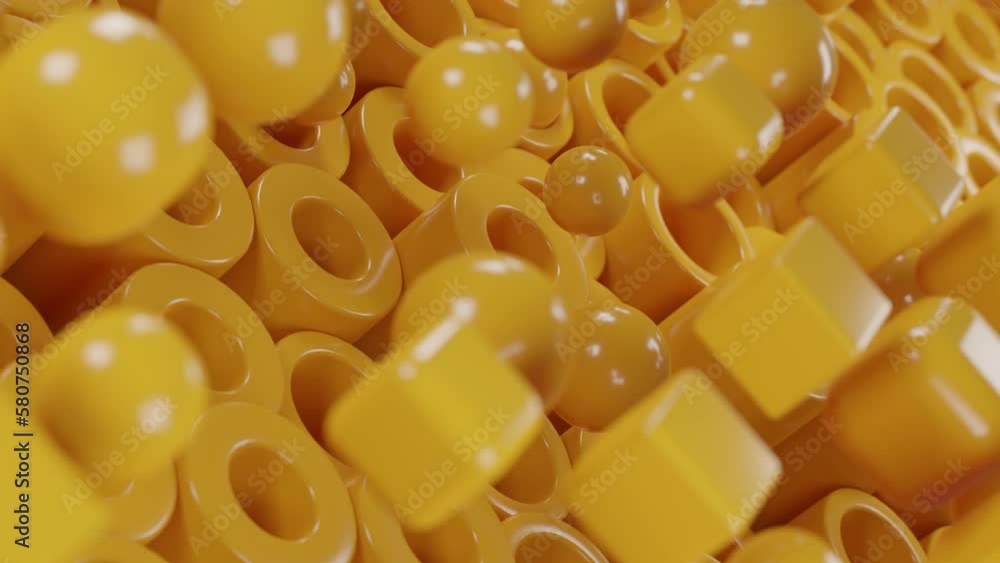 Aufkleber loop 3d animation of an abstract background of many yellow tubes and flying balls. spheres turn into
