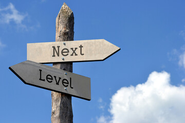 Next level - wooden signpost with two arrows, sky with clouds