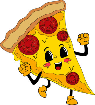 Cute Cartoon pizza character. Happy and cheerful emotions. Old animation 60s 70s, funny cartoon characters. Trendy illustration in retro style.
