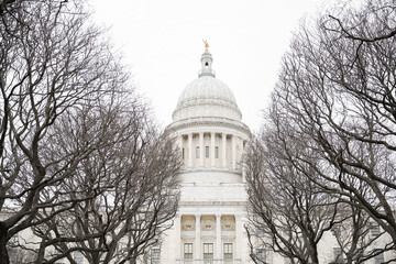 Rhode Island state house as the state capitol and monument symbolizing america as united states in...