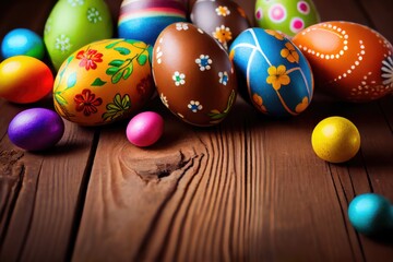 Obraz na płótnie Canvas Easter eggs on wooden background. Generative AI.