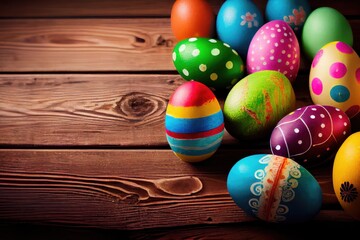 Fototapeta na wymiar Easter eggs on wooden background. Generative AI.