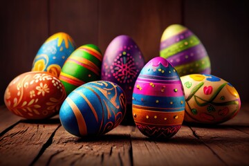 Fototapeta premium Easter eggs on wooden background. Generative AI.