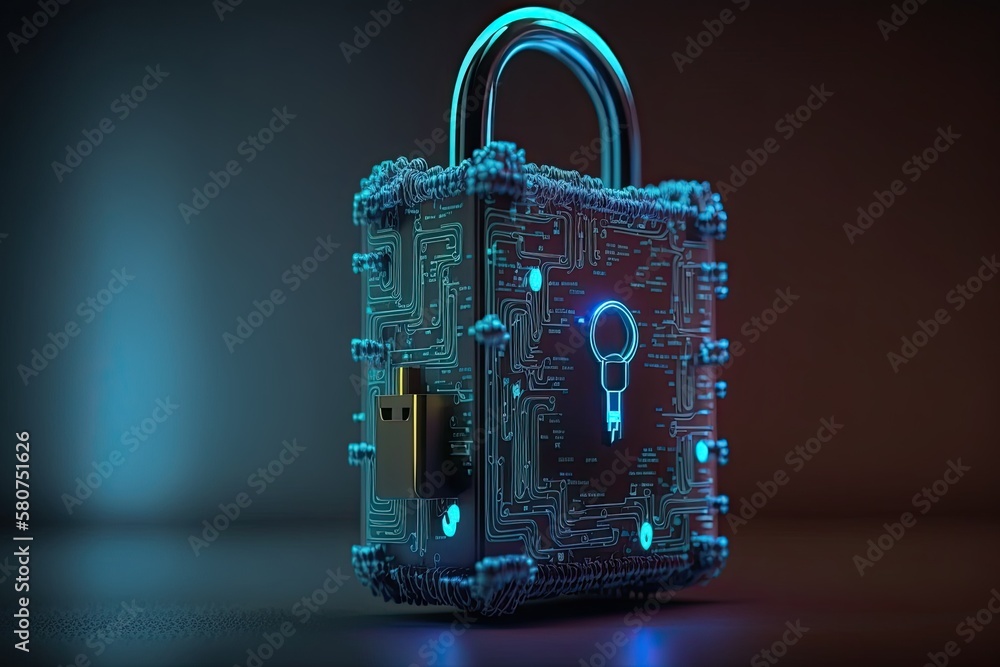 Poster Cyber security padlock technology protected data security and data privacy.Generative AI