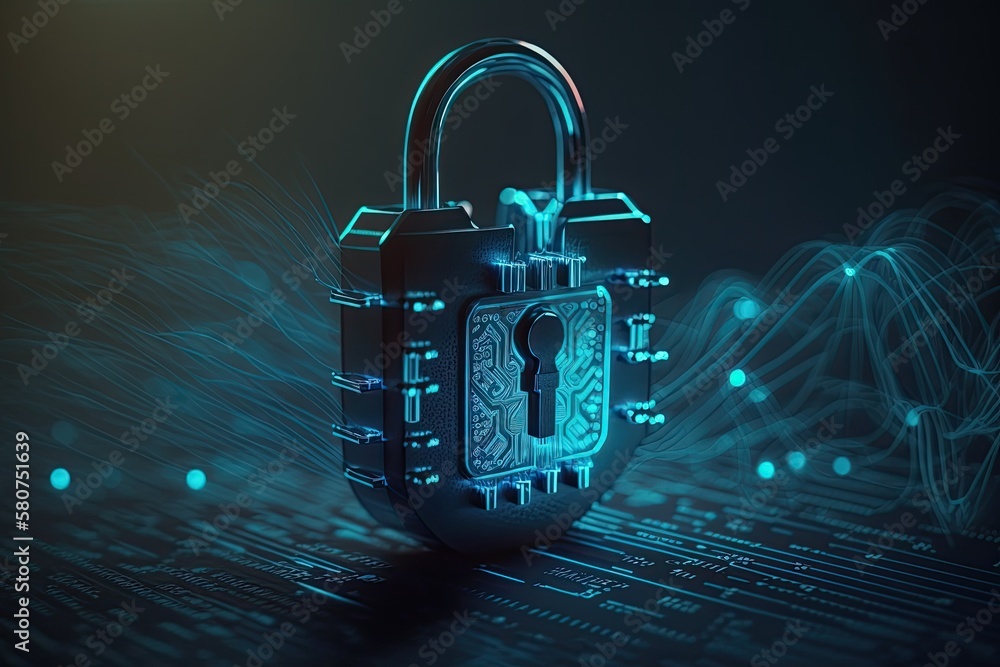 Poster Cyber security padlock technology protected data security and data privacy.Generative AI