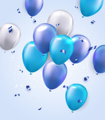 3d balloons background with confetti and ribbons.Celebration, Product presentation show cosmetic product podium