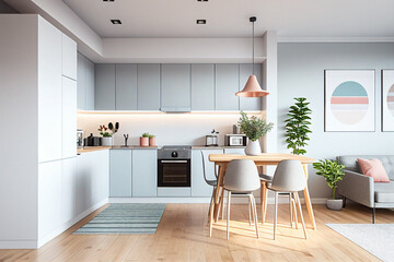 Concept of scandinavian style kitchen in pastel mint and pink colors. AI generated illustration - obrazy, fototapety, plakaty
