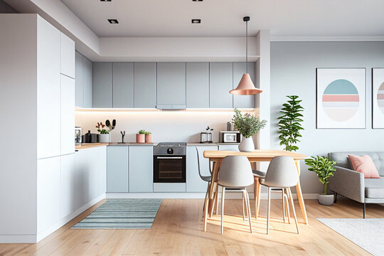 Fototapeta Concept of scandinavian style kitchen in pastel mint and pink colors. AI generated illustration