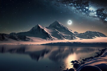 Fototapeta na wymiar Winter mountains near the river against the backdrop of the night and the big moon AI