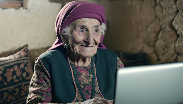 Kurdish grandmother on her laptop, Generative AI
