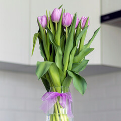 Bouquet of purple tulips in a vase, bottom view