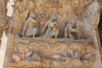 The statues on the Outer Facade of the Basilica of the Sagrada Familia, the Facade of Passion, Barcelona, Spain